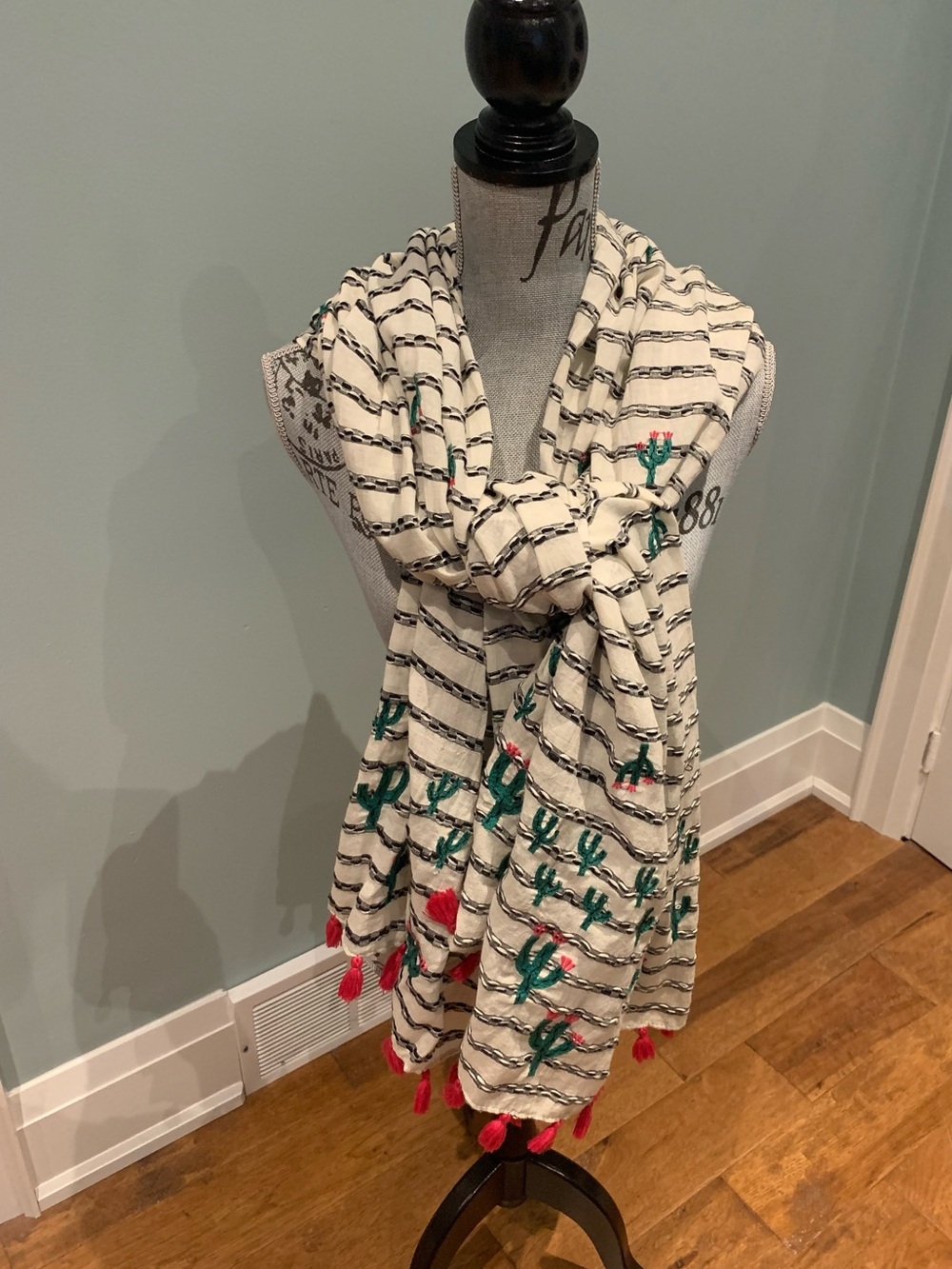 Anthropologie Embroidered Cactus Pattern Cotton Scarf with Pink Tassel
